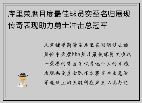 库里荣膺月度最佳球员实至名归展现传奇表现助力勇士冲击总冠军