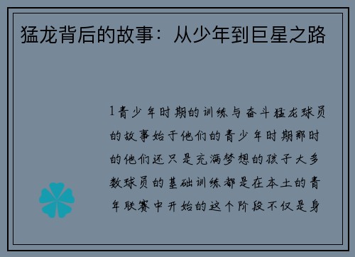 猛龙背后的故事：从少年到巨星之路