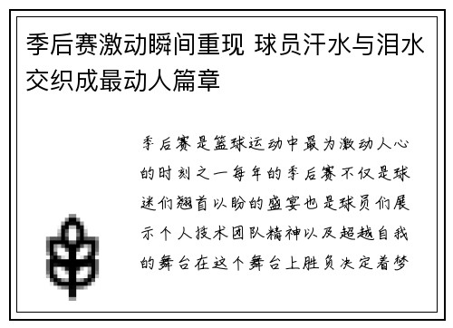 季后赛激动瞬间重现 球员汗水与泪水交织成最动人篇章