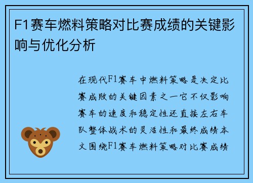 F1赛车燃料策略对比赛成绩的关键影响与优化分析